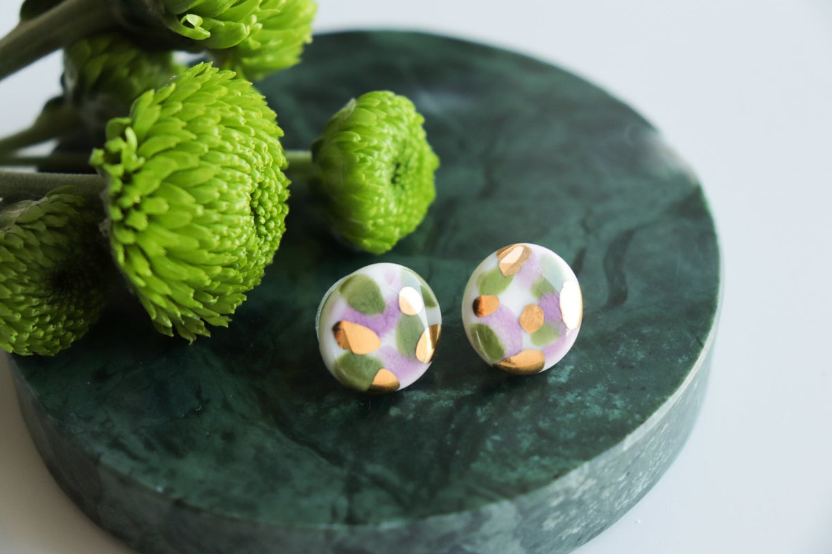 Porcelain Tache Studs -  Green and Violet